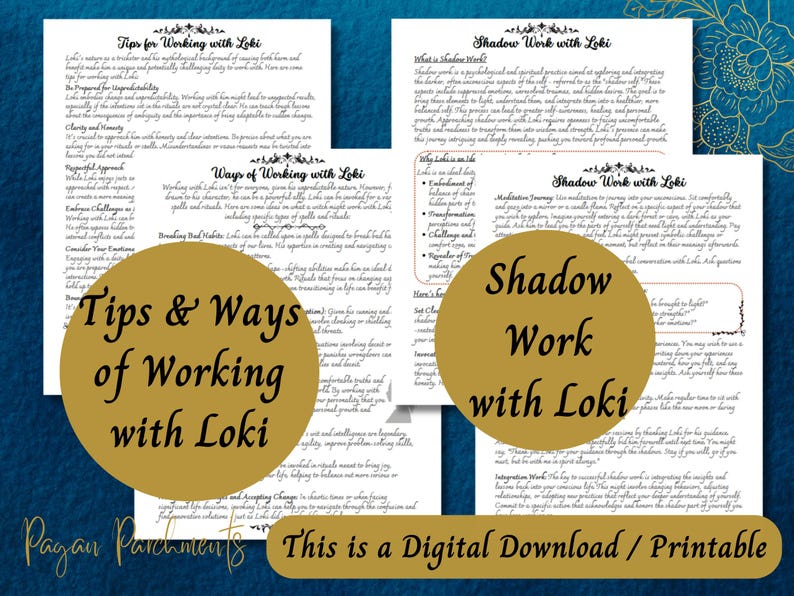 May include: A printable digital download with tips and ways of working with the Norse god Loki, including shadow work practices. The text is in a handwritten font and the background is a blue floral pattern.