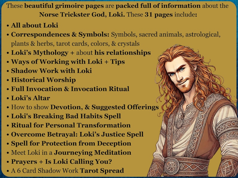 May include: A digital illustration of Loki, the Norse trickster god, with long, flowing red hair and a beard. The image is set against a gold background with text listing 31 pages of information about Loki, including his mythology, correspondences, and rituals.