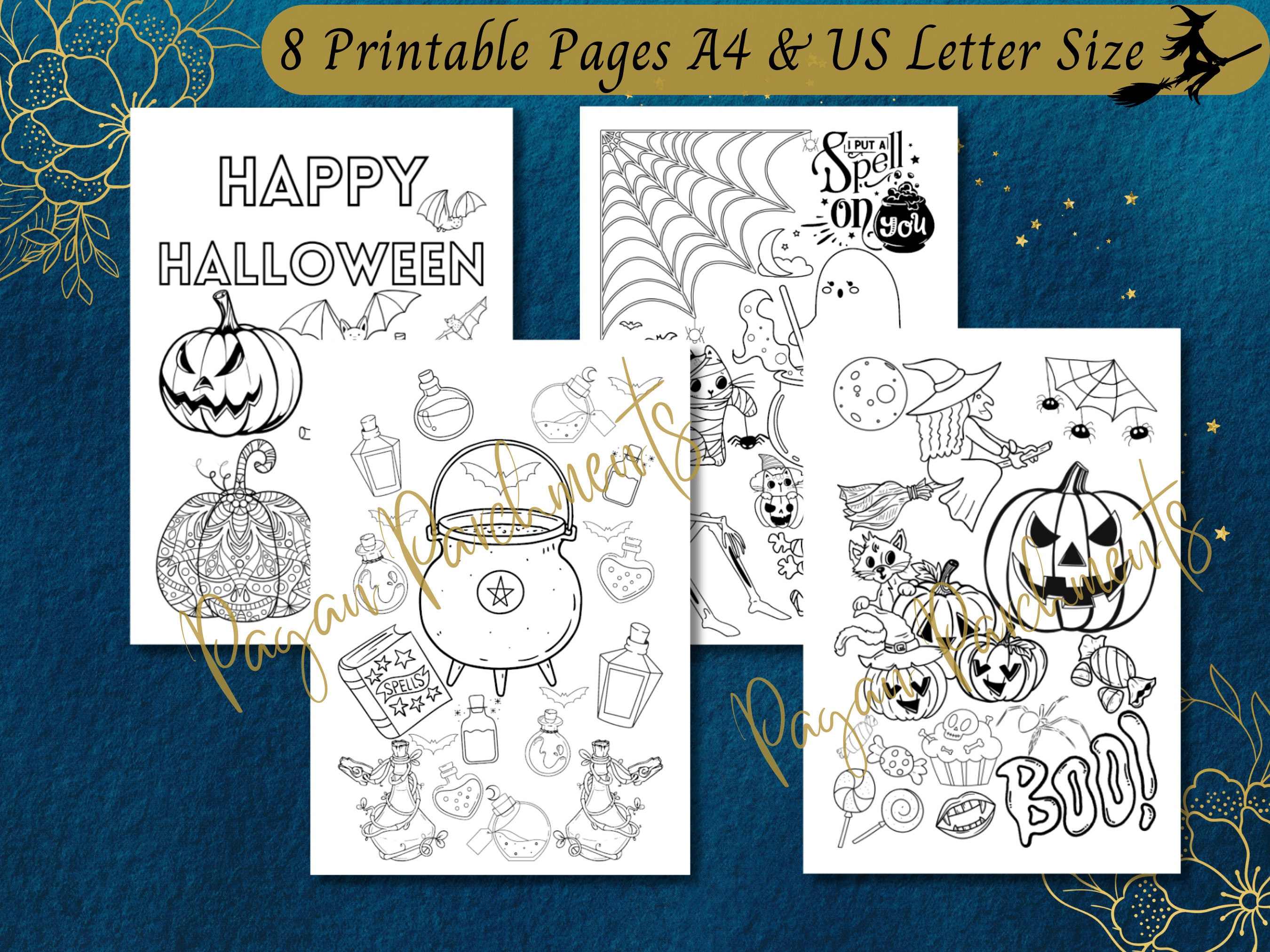 Samhain Coloring Printable, Halloween Colouring Pages, Witchy Adult