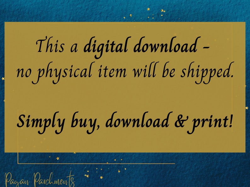 Op de afbeelding: Een gouden rechthoek met afgeronde hoeken en zwarte tekst die "This a digital download - no physical item will be shipped. Simply buy, download & print!" luidt. De tekst staat op een blauwe achtergrond met gouden sterren.