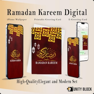 Conjunto digital vermelho Ramadan Kareem, papel de parede 4K para iPhone + cartão imprimível 5x7" + cartão comemorativo para mídia social + papel de parede islâmico 4K grátis para desktop