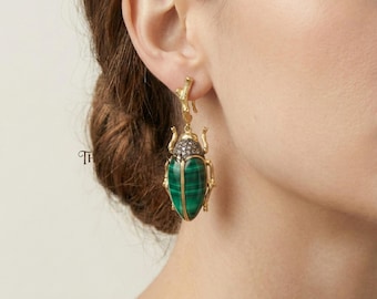 Malachite Beetle Dangle Earrings, 925 Silver, Woodland Jewelry