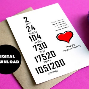 Tarjeta de 2º aniversario imprimible, tarjeta de descarga digital de segundo aniversario, regalo de aniversario de papel para marido esposa novio novia
