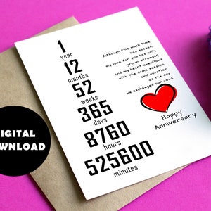 Tarjeta de 1er aniversario imprimible, tarjeta de descarga digital de primer aniversario, regalo de aniversario de algodón para marido esposa novio novia
