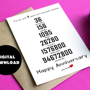 Biglietto per il terzo anniversario stampabile, biglietto per il download digitale del terzo anniversario, regalo romantico per l'anniversario per marito, moglie, fidanzato, fidanzata