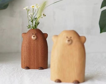 Cute Mini Dried Flower Wooden Vase Table Decor, Wood Cartoon Bear Vase Home Decor Gift for Her, Unique Design Flower Arrangement Women Gifts