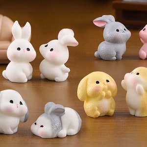 Cute Miniature Rabbit Figurines Handmade with Resin, 8-Piece Mini Bunny Toy Desktop Decoration Dollhouse Decor, Rabbit Lovers Gift for Her.