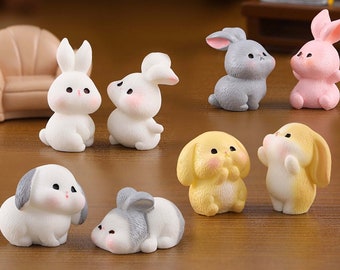 Cute Miniature Rabbit Figurines Handmade with Resin, 8-Piece Mini Bunny Toy Desktop Decoration Dollhouse Decor, Rabbit Lovers Gift for Her.