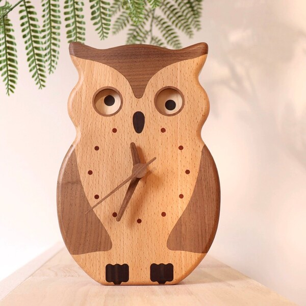 Cute Handmade Owl Clock for Desk, Wooden Animal Kids Clock Gifts for Home Decor, Wooden Clock Nursery Bedroom Living Room Wall Decor Gifts.