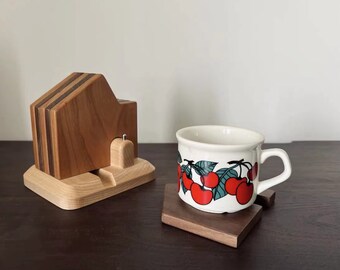 Wood House Coasters Set of 6 With Holder, Creative Wooden Tea Coffee Milk Cup Mat Desktop Decor, Rustic Coasters Set Gifts for Housewarming