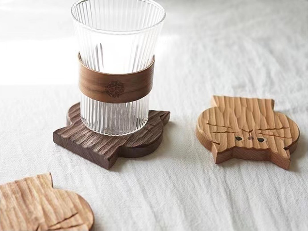Cute Wooden Catshaped Coasters Desktop Decoration Unique Etsy