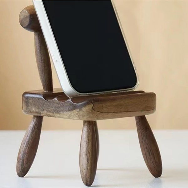 Niedlicher Mini-Stuhl-Telefonständer für den Schreibtisch, kreativer Android/iPhone-Ständer, handgefertigter Handyhalter aus Holz, einzigartiges Telefon-Dock, Schreibtisch-Dekoration, Geschenk