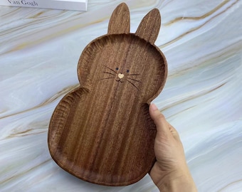 Personalized Wooden Rabbit Tray, Unique Wooden Animal Kid Serving Plates, Handmade Tray For Food Storage, Custom Catchall Tray Gifts For Mom