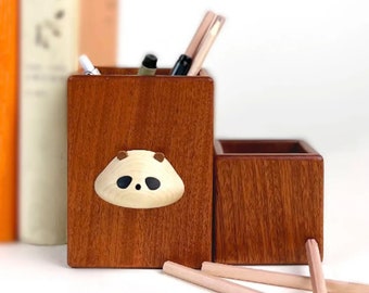 Wooden Pen Organizer for Desk, Cute Panda Pen Storage Cup Pencil Holder Home Office Table Decor, Wood Pencil Case Original Gift for Children