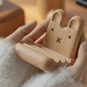 Cute Wooden Rabbit Phone Stands for Desk, Handmade Animal Cellphone Holder, Creative Bunny Phone Dock Desk Decor, iPhone Stand Gift for Her.