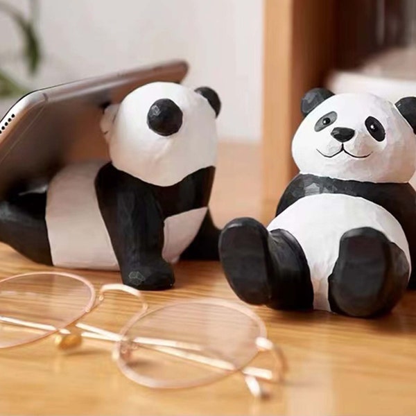 Supports pour téléphone panda mignon, animal en bois unique, support pour Ipad/Iphone, porte-lunettes, décoration de table, décoration de bureau pour station d'accueil pour téléphone, cadeau pour les amateurs de panda