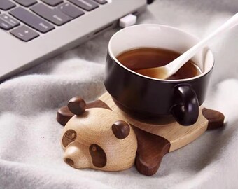 Décoration de bureau mignonne en bois de sous-verres de panda, tapis créatif 3D de tasse de lait de thé de café en bois d'animal, cadeaux de décoration de table de bureau à la maison de sous-verres