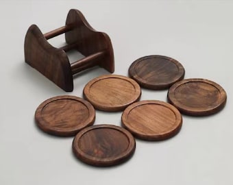 Wood Round Coasters Set of 6 with Holder,Walnut Wood Coaster Set,Wooden Circular Drink Coasters Set,Ring Wood Placemats of Table Decoration.