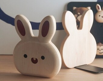 Cute Bunny Book Nook for Desk Decor Gifts for Her, Wooden Animals Bookends Bedroom Living Room Bookshelf Decor Book Stand Mother's Day Gifts