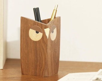 Porte-stylo en bois hibou pour bureau, porte-crayons animal en bois unique, cadeaux de décoration de table pour bureau à domicile, joli support de stylo pour organisateur de bureau pour elle