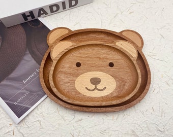 Custom Name Wooden Bear Tray, 2pcs Handmade Wood Desk Tray Home Decor Gift for Mom and Son, Personalized Kitchen Tray Gifts For Mother's Day