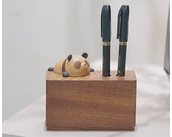 Wooden Pen Organizer for Desk, Cute Panda Pen Storage Cup Pencil Holder Home Office Table Decor, Wood Pencil Case Original Gift for Children