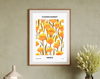 Poster Gelbe Blumen | Poster Küche | Flower Market | Digitaler Download | Aquarellstil | Digitaldruck | Plakat gelbe Blumen