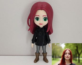 Op de afbeelding: Een 3D-geprinte figuur van een persoon met rood haar, groene ogen en een zwarte jas. Het beeldje draagt een grijze broek en bruine laarzen. Een foto van een persoon met rood haar staat in de rechter benedenhoek.