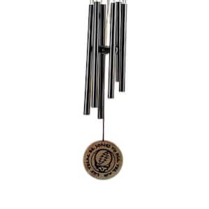 May include: A black metal wind chime with a wooden top and a round wooden bottom featuring the Grateful Dead logo and the text "Let there be songs to fill the air".