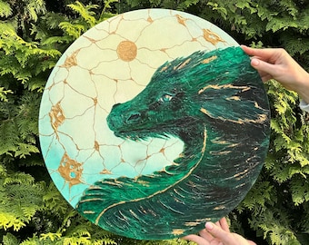 50 x 50 cm/19,7 x 19,7 po., Mon dragon émeraude. Dragon vert. Peinture acrylique originale sur la toile ronde. Prêt à accrocher sur le mur. Expédition de Pologne