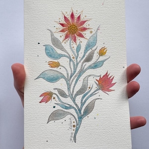 Cartolina floreale dipinta a mano – Acquerello originale con inchiostro oro e argento – Biglietto con design botanico unico – Biglietto d'auguri 5x7 pollici