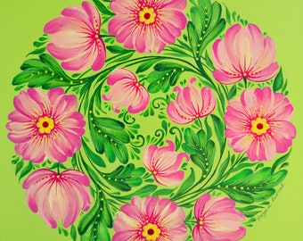 11.8x11.8"/30x30cm "Spring in the Soul".Original acrylic artwork in Petrykivskа style on canvas, Ukrainian Folk Decorative Painting