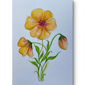 Originele aquarelbloemillustratie – gele wilde bloemenkunst, botanische inkttekening, 17 x 25 cm. Aquarel wilde bloemen met zwarte accenten