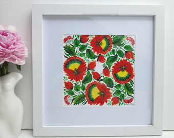 Red flowers in Petrykivka style on white paper with a white frame. Ukrainian folk art, Original acrylic painting, Ukrainian gift. Ready