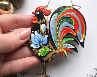 Chicken Christmas Flat Ornaments Rooster Wooden Rural Ukrainian