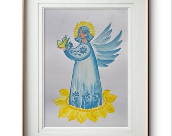 Guardian of Peace – Original Acrylic Angel Painting, A4 Size, Ukrainian Folk-Inspired Art, Angel with the bird in the hand, Petrykivka art