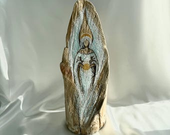 Hand-Painted Angel on Wood Slice: Original Acrylic Painting