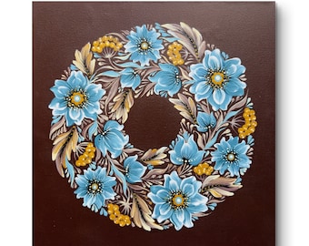 11.8x11.8" Chocolate mood. Original acrylic artwork in Petrykivsky Painting style on canvas, Ukrainian Folk Decorative Painting.