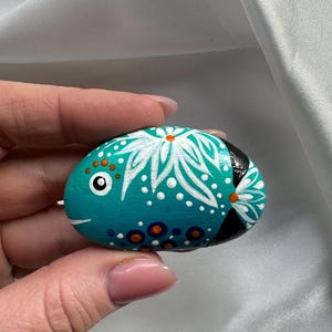 Hand painted stone Funny Fish. Original acrylic painting on the stone. Hand-painted small rock. Happy fish painting on the stone. Sea green.