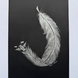 Dipinto originale, piuma d'argento su carta nera. Il dipinto è disegnato su carta nera spessa con penna a inchiostro argentato. Grafica.