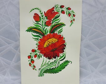 Original acrylic painting in the Ukrainian style Petrykivka, Fairy tales flowers on ivory paper, Red flowers