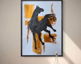 Abstraktes Pferd Gemälde: Gold & Graphite Acrylkunst, 29,5x41,5 cm