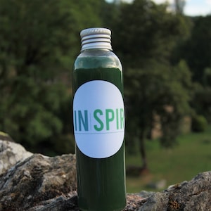 Puede incluir: Una botella de vidrio transparente llena de líquido verde, con una tapa plateada. Una etiqueta blanca con las palabras "IN SPIR" en verde y azul está adherida a la botella. La botella descansa sobre una superficie rocosa texturizada, con un fondo verde borroso.