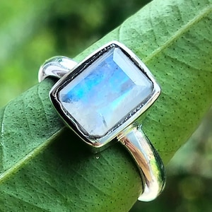 Exquisite Rainbow Moonstone 925 Silver Handmade Emerald Cut Ring, June Birth-stone, Gift For Her, Wedding & Engagement, Birthday Gift.
