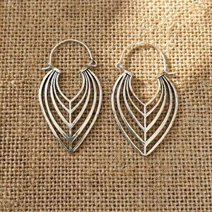 Tribal Leaf Hoop Earrings Silver | Boho Layered Leaf Earrings | Bohemian Statement Hoops | Vintage Leaf Chandelier Earrings | Boho Jewelry