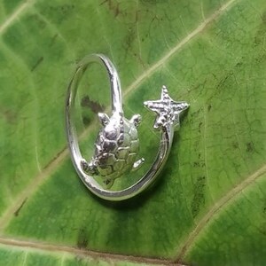 Sea Turtle and Starfish 925 Sterling Silver Adjustable Ring