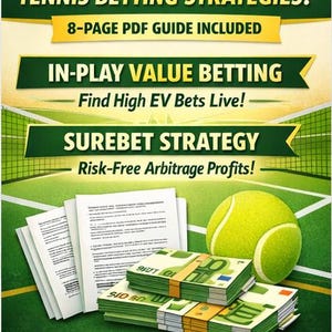 Puede incluir: Imagen promocional de estrategias de apuestas de tenis. El texto dice "¡Convierte 150 € en 90.000 € con mis estrategias de apuestas de tenis!" e incluye una guía PDF de 8 páginas. Incluye billetes en euros, una pelota de tenis y documentos.
