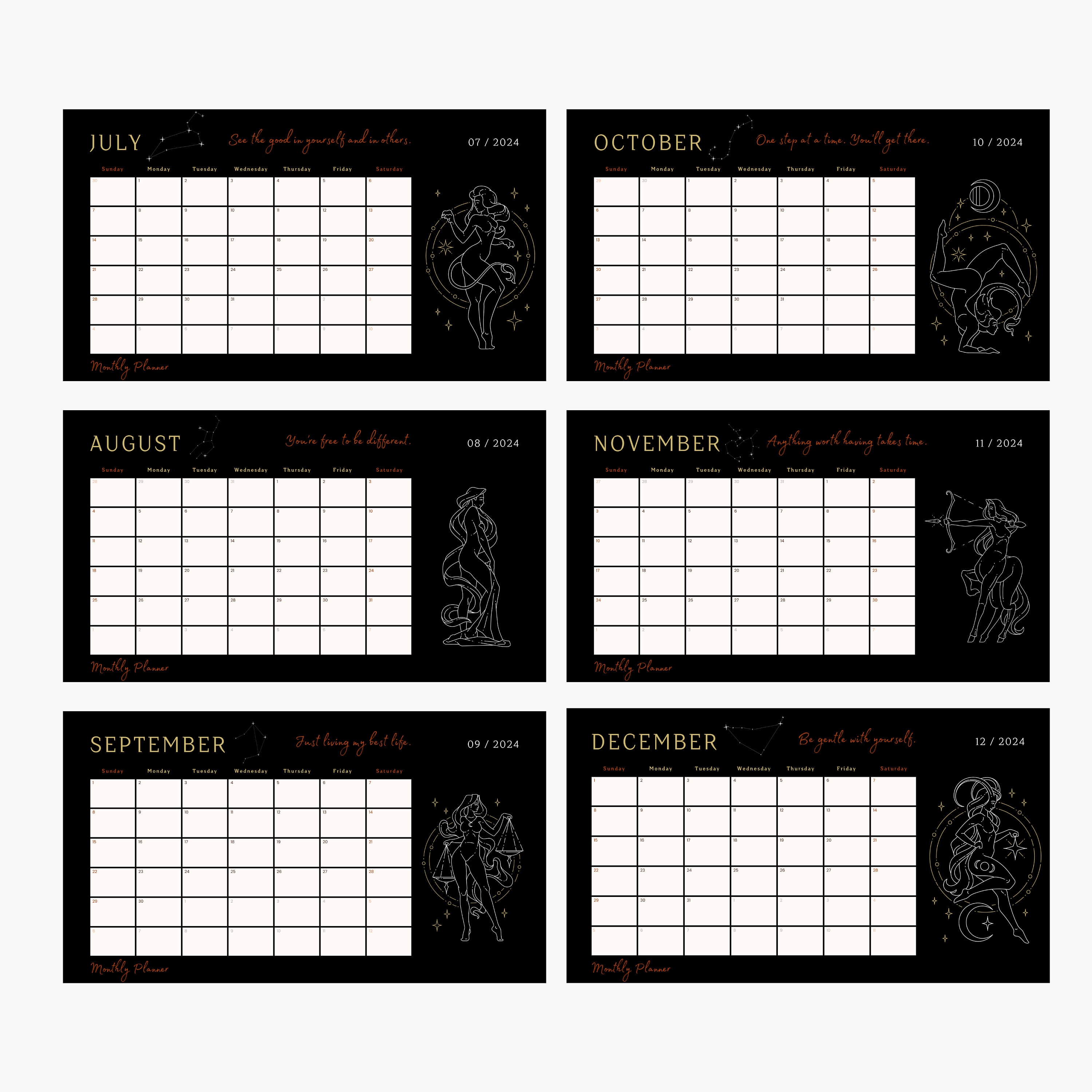 Zodiac Monthly Calendar, Simple Calendar, Printable Calendar Pages, PDF ...