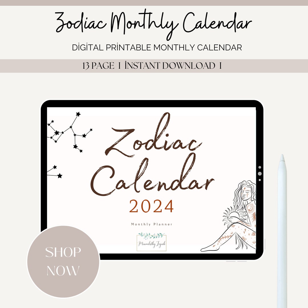 Zodiac Monthly Calendar, Simple Calendar, Printable Calendar Pages, PDF Printable, Instant ...