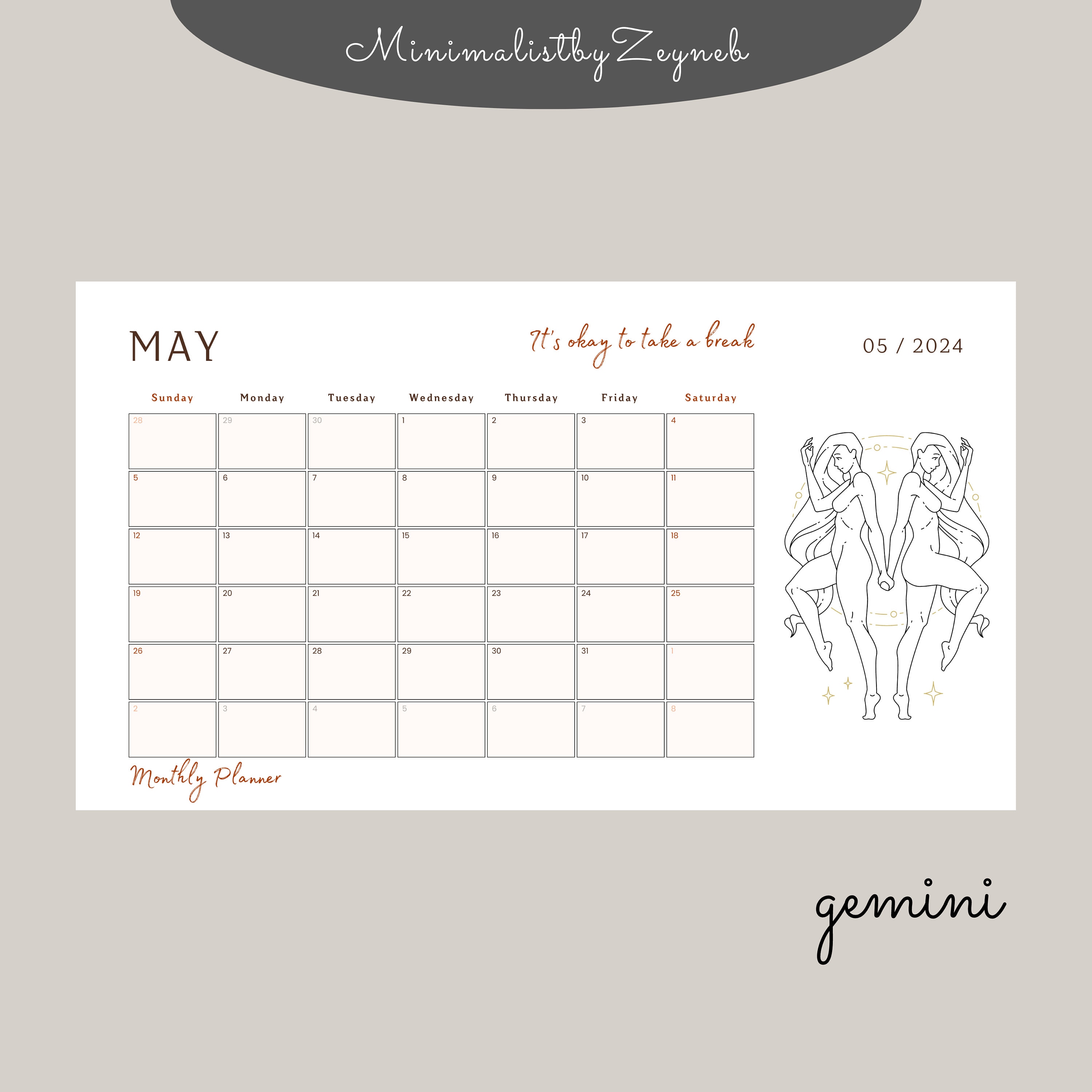 Zodiac Monthly Calendar, Simple Calendar, Printable Calendar Pages, PDF Printable, Instant ...